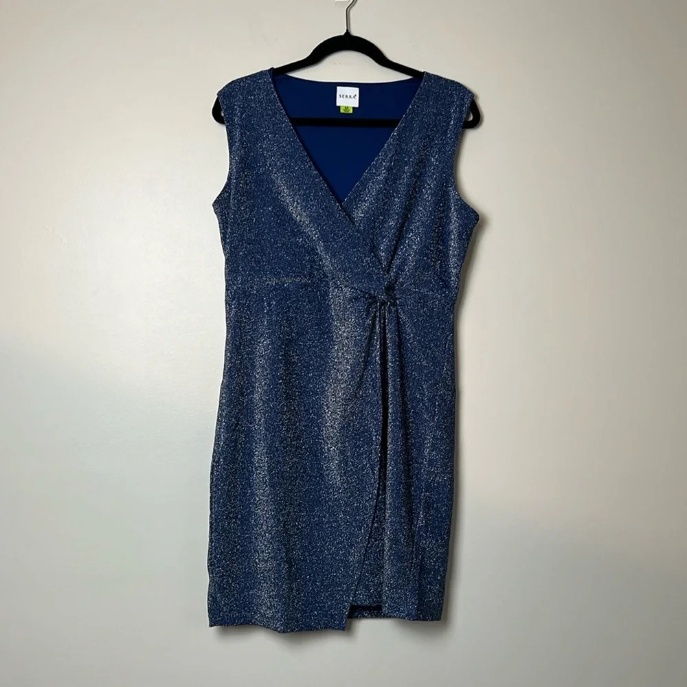 SERRA Dark Blue Shimmer Sparkly Ladies Front Knot Sleeveless Dress Size M